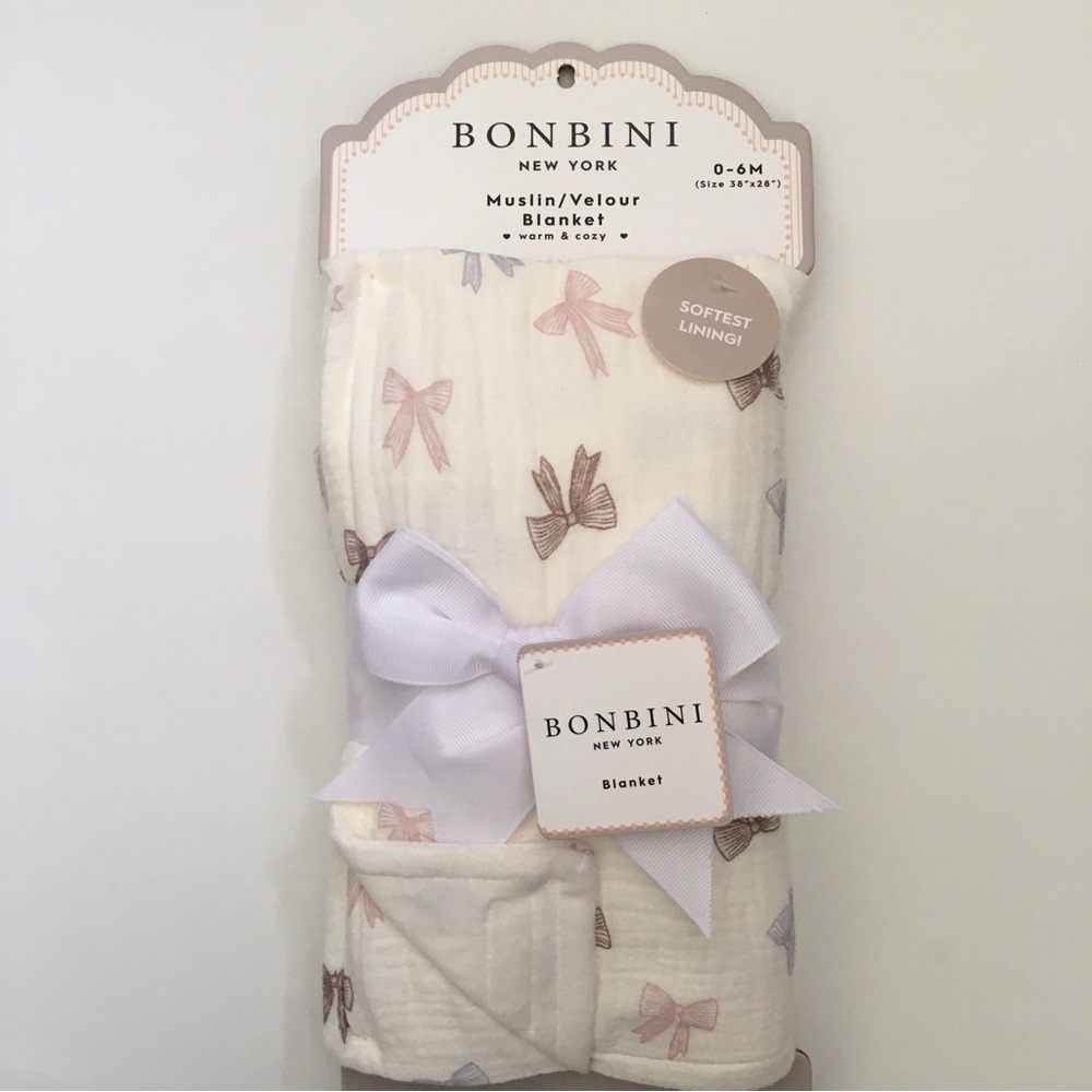 NEW Baby Blanket Muslin - Fleece Soft Lining Ribbon Bows Print | Bonbini